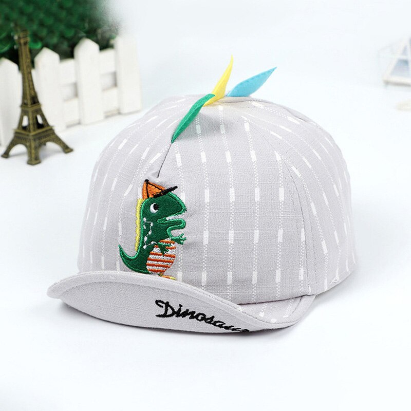 Sombrero de bebé con dibujos animados de dinosaurios, gorra de béisbol a rayas, suave, sombrero de sol de playa, gorra de niño pequeño: gray