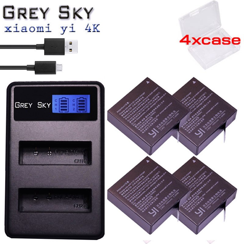Batería de repuesto AZ16-1 para móvil, 2 uds., para Xiaomi YI 4K 4K + Yi Lite YI 360 VR Action, no para Discovery Version + cargador USB LCD: charger and 4battery