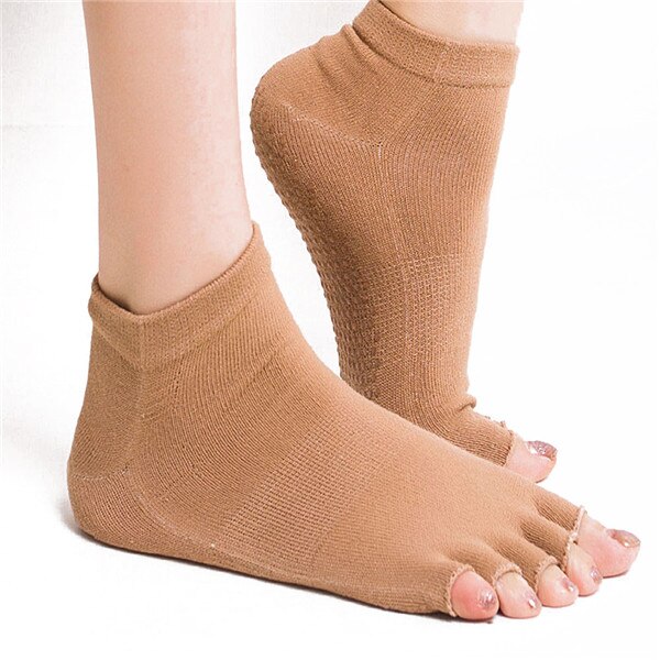 1 par skridsikker åben tå kigge tå yoga sokker kvinder skridsikker silikone halv fem fingre toeless yogasokker bomuld sokker sommer: Mørk khkai
