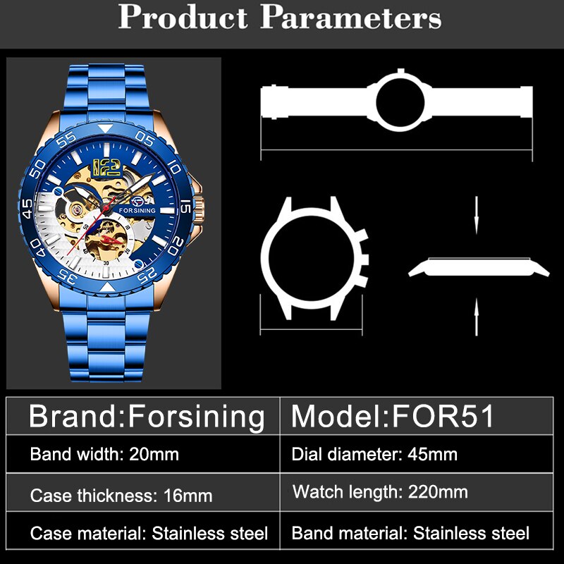 Mode Forsining Heren Sport Automatic Skeleton Horloge Blauw Rvs Mechanische Lichtgevende Waterdichte Horloges