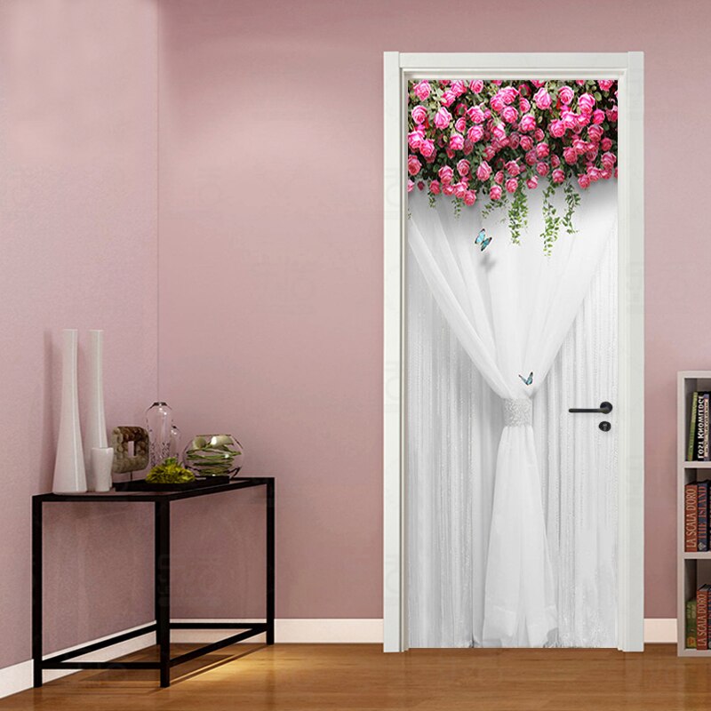 Romántico Rosa cortina puerta pegatina 3D boda casa hogar Decoración puerta calcomanías PVC autoadhesivo impermeable papel pintado vinilo pasta 3D