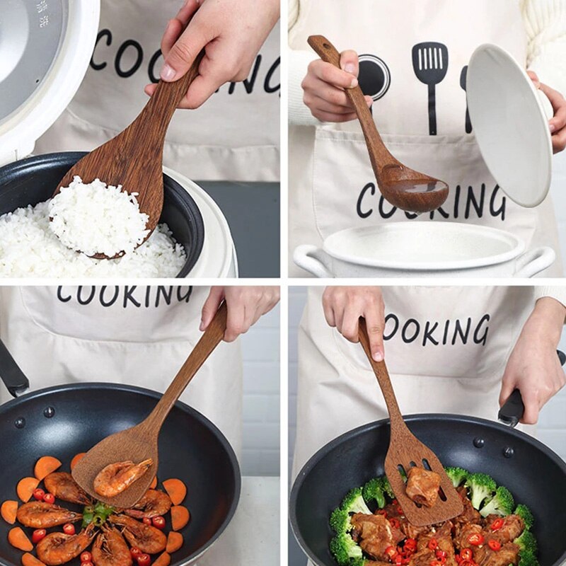 Espátula de madera de con mango largo, cuchara de arroz, pala para sartén antiadherente, utensilios de cocina, accesorios de cocina