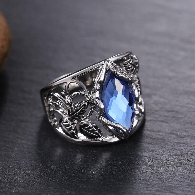 Luxus Weiblichen Blauen Kristall Ring Jahrgang Silber Farbe Große Hochzeit Ringe Für Frauen modisch Hohl Blume Zirkon Engagement Ring