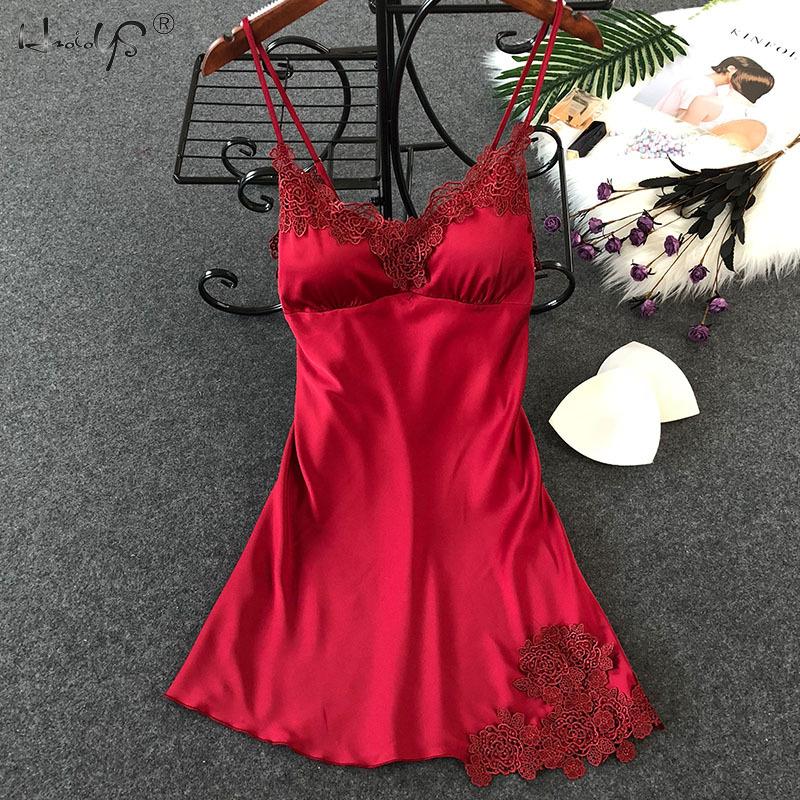Women Silk Sleepshirts Lace Babydoll Lingerie Satin Chemise Nightgown V Neck Sleepwear Nighty Nightgown wWith Chest Pad Homewear