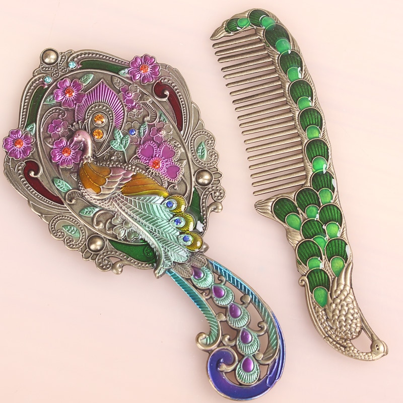 Espejo de mano Vintage para maquillaje, accesorio de tamaño pequeño europeo, con asa, para , HZJ012