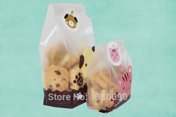 50 teile/los Keks Cookie Tasche + Dicht Aufkleber zurück Packungen Kuchen Taschen Nette Hund Katze aufbringen Verpackung für Kekse taschen