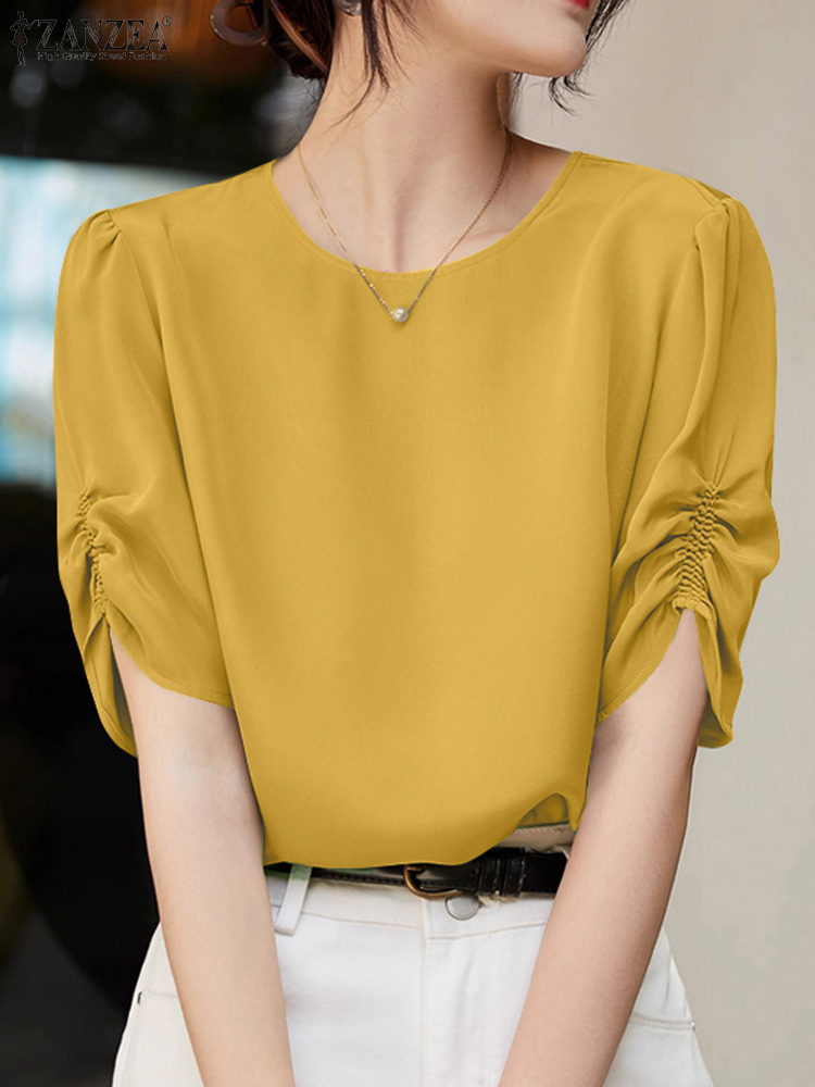Zanzea kontorbluse sommer dame kortærmet arbejdsskjorte stilfuld ensfarvet tunika toppe afslappet o-hals blusas oversize: L / Gul