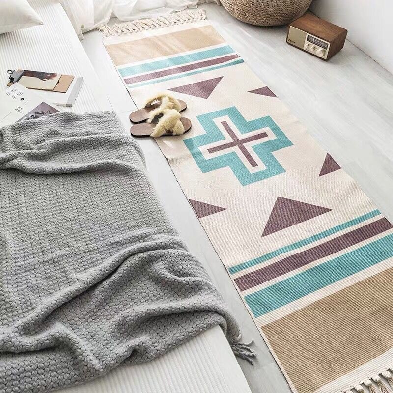Retro boheme håndvævet bomuldslinned tæppe kvast sengetæppe geometrisk gulvmåtte lange tæppetæpper stue hjemmeindretning: 01 / 60 x 180