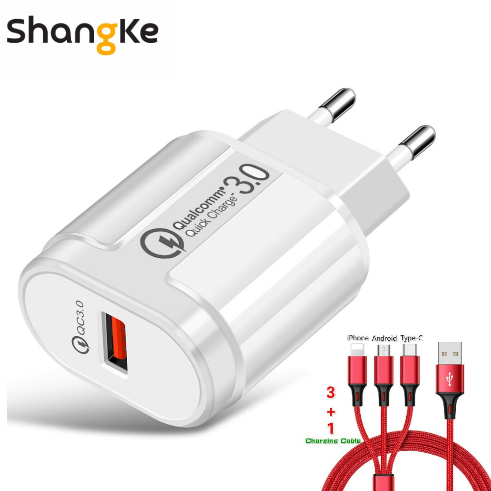 Quick Charge 3.0 USB Charger Adapter 5V 3A Snelle EU Lading 24W Mobiele Telefoon Laders Voor iphone Samsung met 3 in 1 data lijn