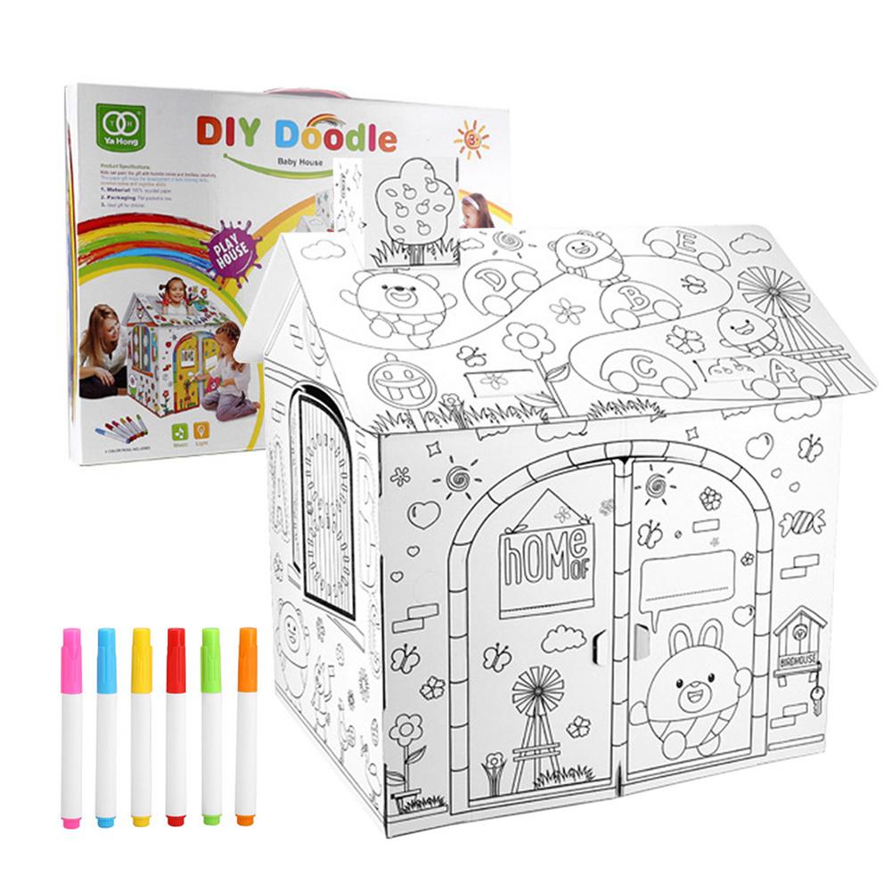 Diy grande papelão coloração artesanato criativo casa de jogo projeto montar  e pintar brinquedos educativos 2.2 pés de altura para crianças jogo -  AliExpress