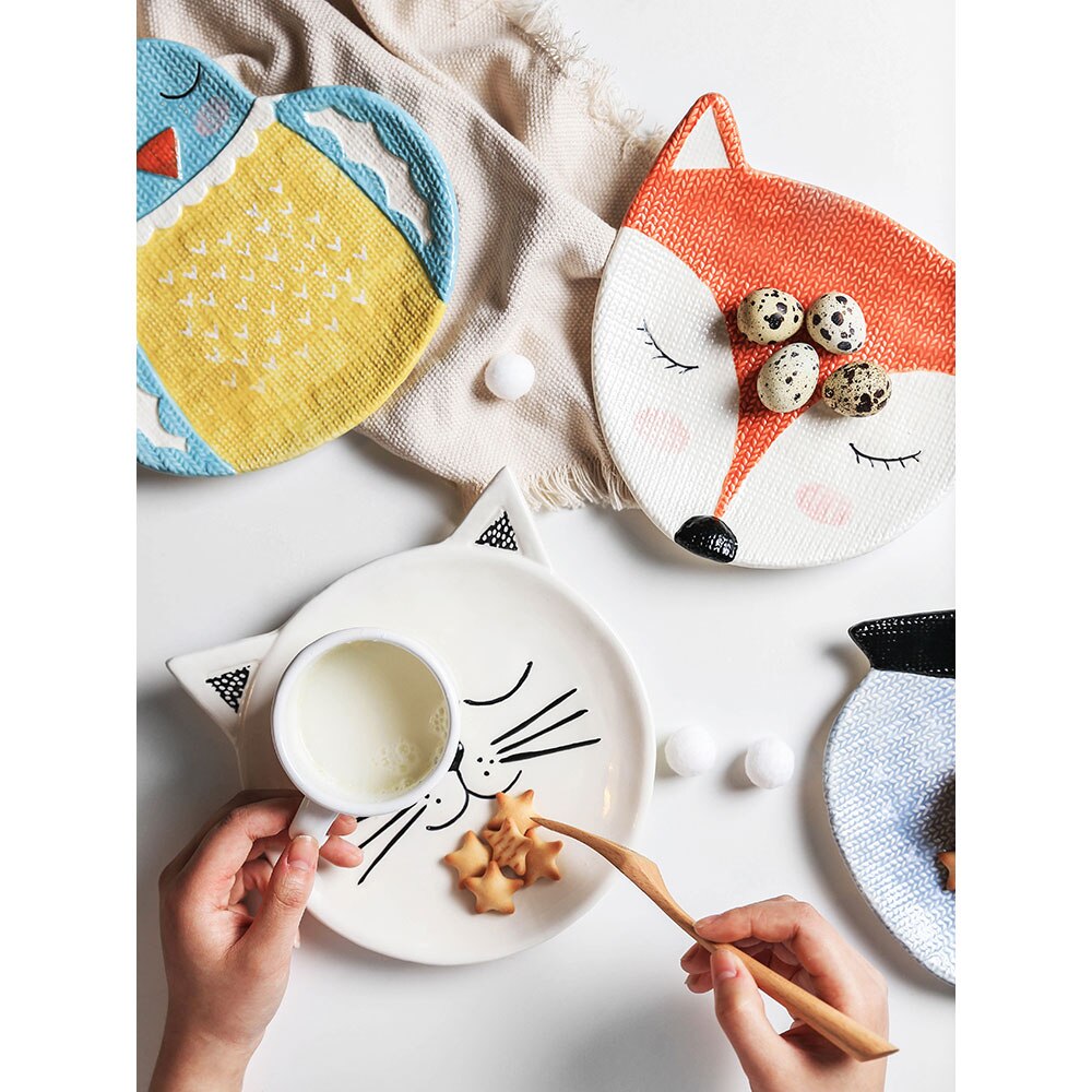 children dinner plates cute zoo cartoon eco-friendly handpainted 6 inch ceramic porcelain plate and dish owl fox cat child