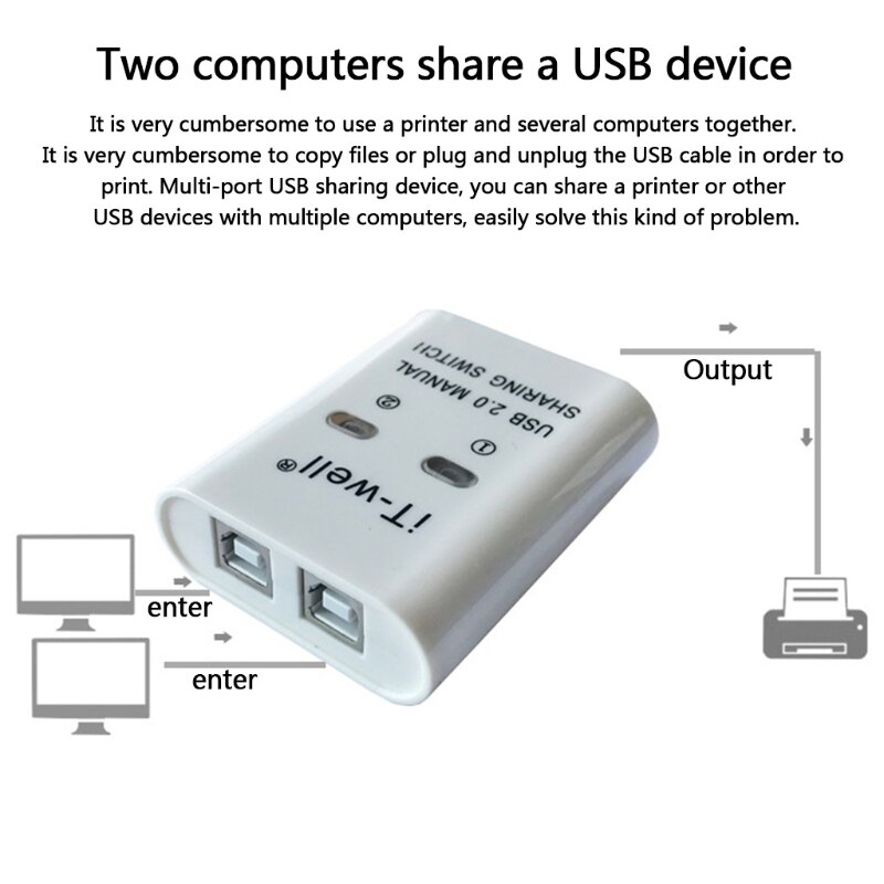 Usb tulostimen jakamislaite 2 in 1 ulos tulostimen jakamiskytkin 2- portti manuaalinen kvm kytkentä jakaja keskitin muunnin