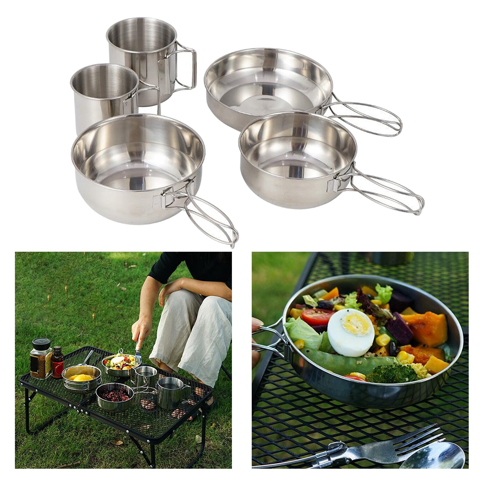 Ensemble de casseroles en acier inoxydable poli, vaisselle de table pour le Camping, comprend 5 pièces, tasses, bols