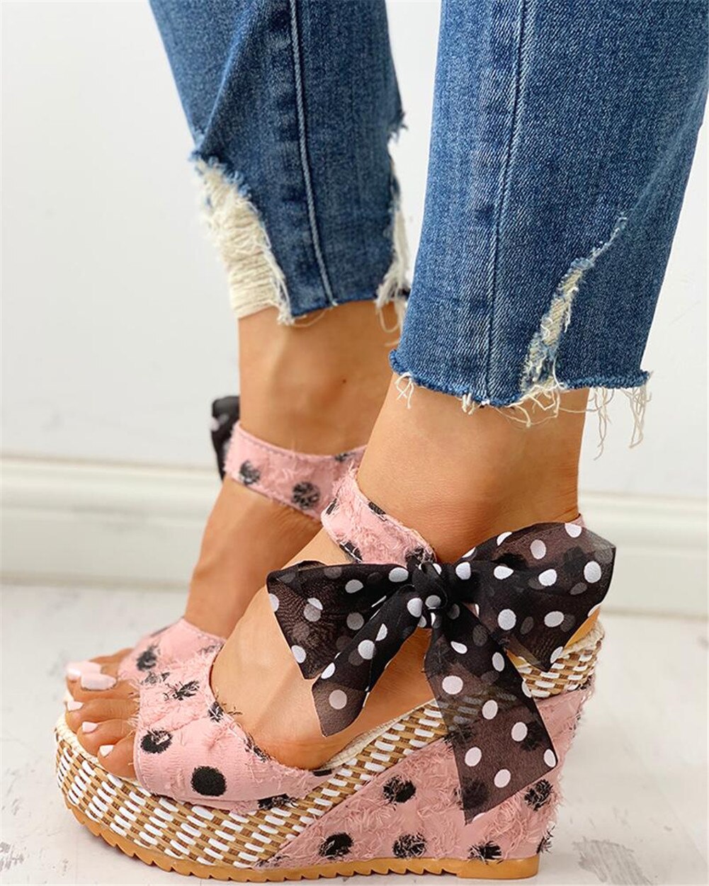 INS sweet polka dot Leisure Women Wedges Shoes Summer Sandals Woman casual Date Party Platform High Heels Shoes Woman: Pink / 7.5