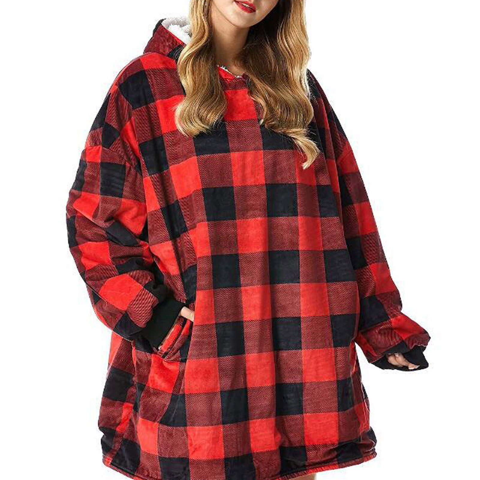 Newst Fleece Deken Met Mouwen Wearable Capuchon Zakken Deken: Red Plaid