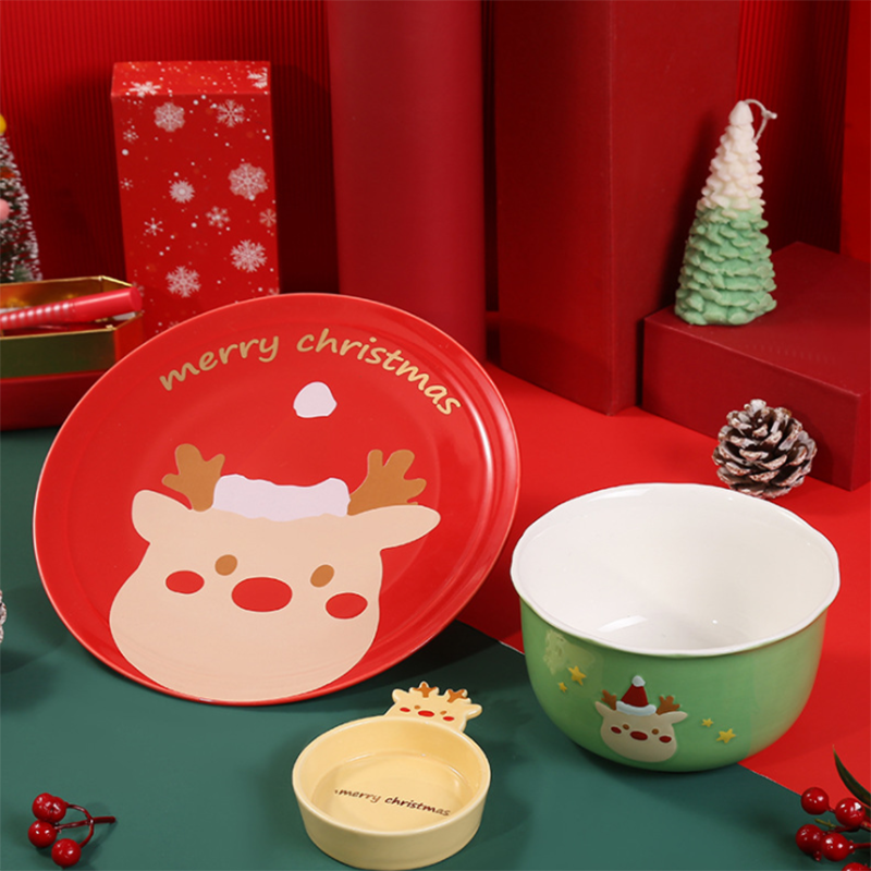 Christmas Ceramic Plate Bowl Cutlery Elk Cartoon Shape Dinner Plate Santa Claus Xmas Plate Set Cartoon Cute Year Kitchen