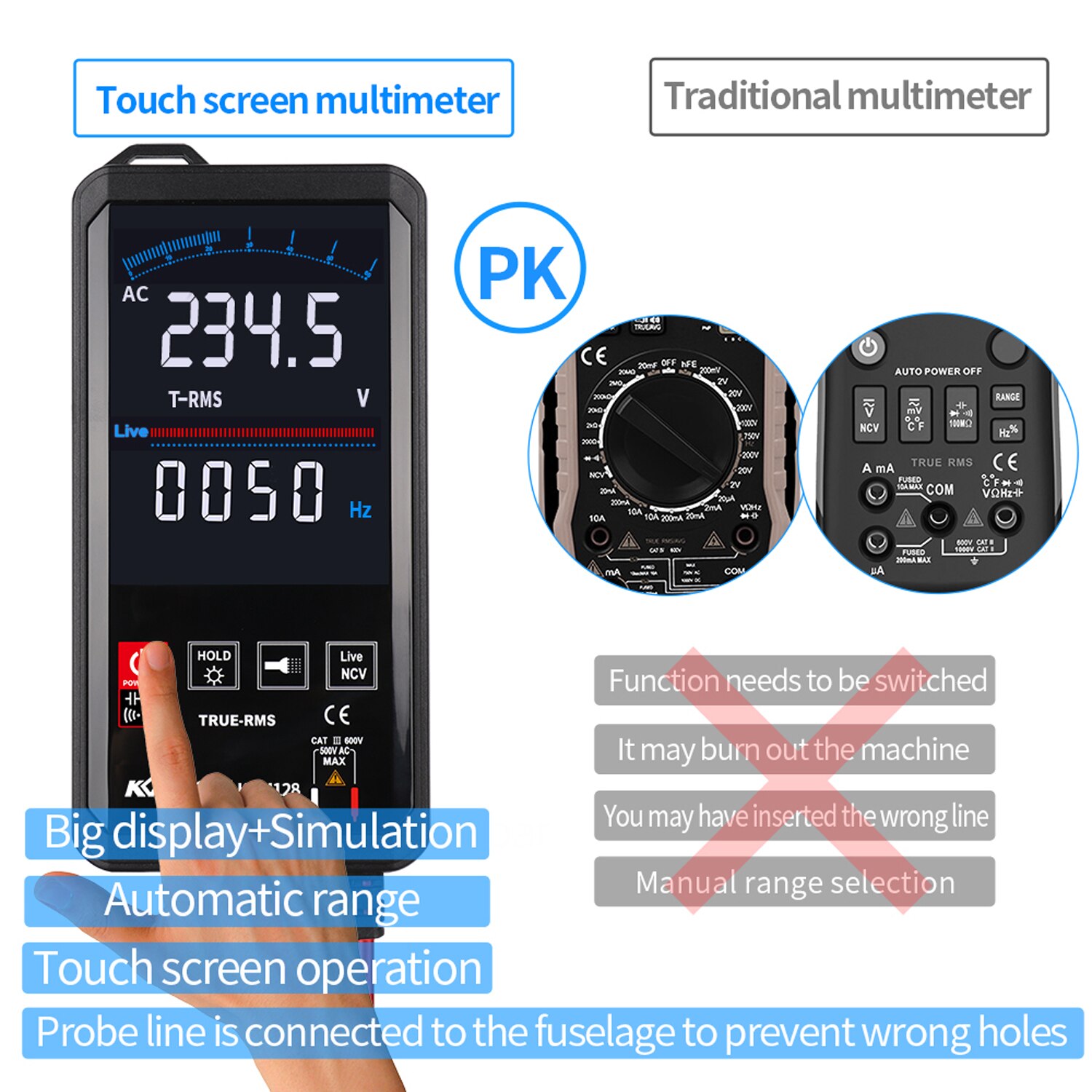 Kkmoon KKM128 4.7 Inch Aanraken Kleur Scherm Ultradunne Multimeter Spanning Frequentie Capaciteit Weerstand Meter 6000 Graven