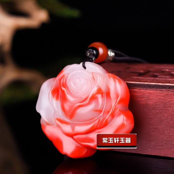 Colour Rose Jade Pendant Necklace Jewellery Chinese Hand-Carved Women Man Luck Amulet Free Rope