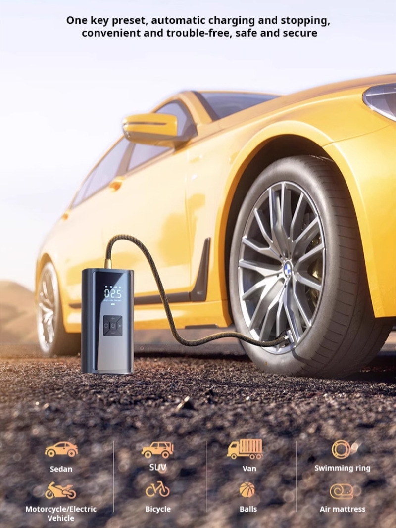 Trådlös uppblåsbar däckpump däcktryckspump helt i metall med lås för extra stark och kraftfull nödsituation