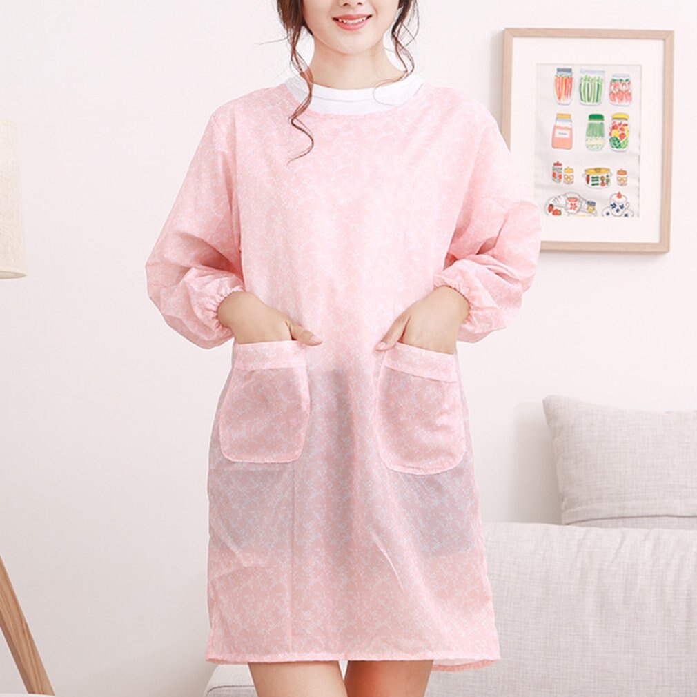 Korean Home Kitchen Long-sleeved Apron Adult Smock Unisex Anti-wear Waterproof Anti-oil Overalls: Pink