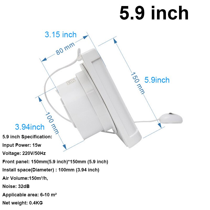 220V 5.9/7.76inch stilte Ventilatie Sterke Uitlaat Afzuigkap voor Raam Muur Badkamer Wc Keuken Gemonteerd 100 /150mm fan: White 5.9 inch