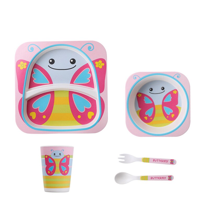 Imebaby5 pièce ensemble bambou vaisselle bambou bol bébé alimentation plaque créative dessin animé enfants bol/tasse/fourchette cuillère coffret: small butterfly