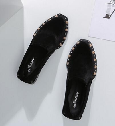 Märke metall rose nitar sammet skor kvinna svart/grön tjock klack pumps höst vinter med höga klackar mulor skor  c178: Svart / 8.5