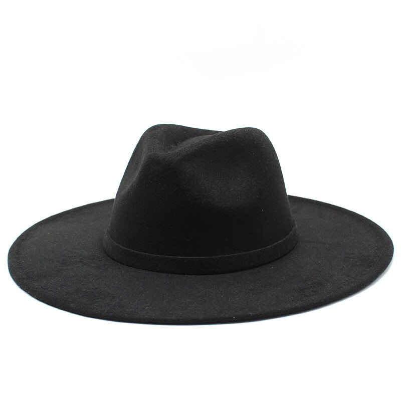 9.5CM Women Men Big Wide Brim Wool Fedora Hat British Style Winter Gentleman Lady Jazz Church Hats: Black