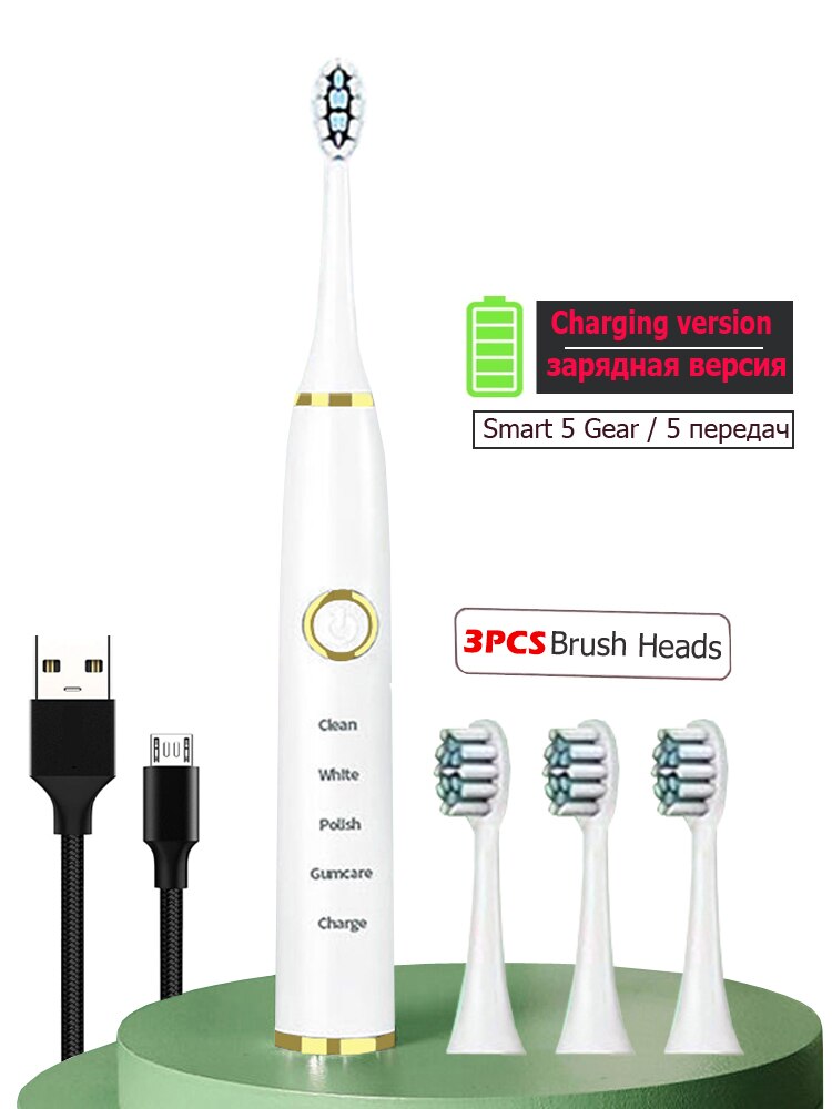 Super Sonic Electric Toothbrushes for Adults Kid Smart Timer Whitening Toothbrush IPX7 Waterproof Replaceable AA Battery Version: Charge White