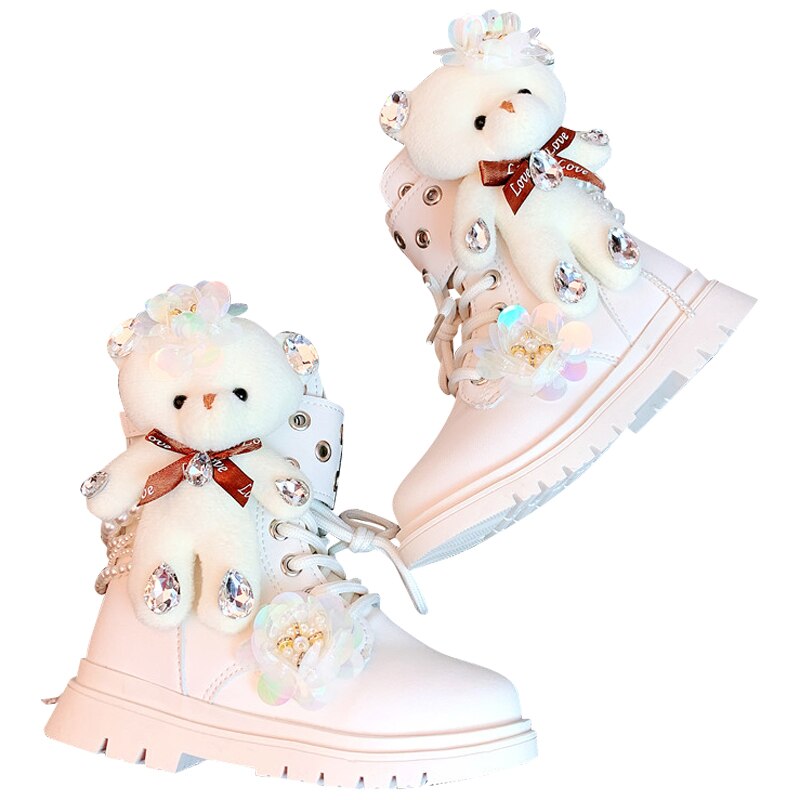 Kids Boots Children Bear Pu Leather Shoes Baby Girls Motorcycle Ankle Boots Rhinestone White Boots Brand Shoes Warm Shoes Winter