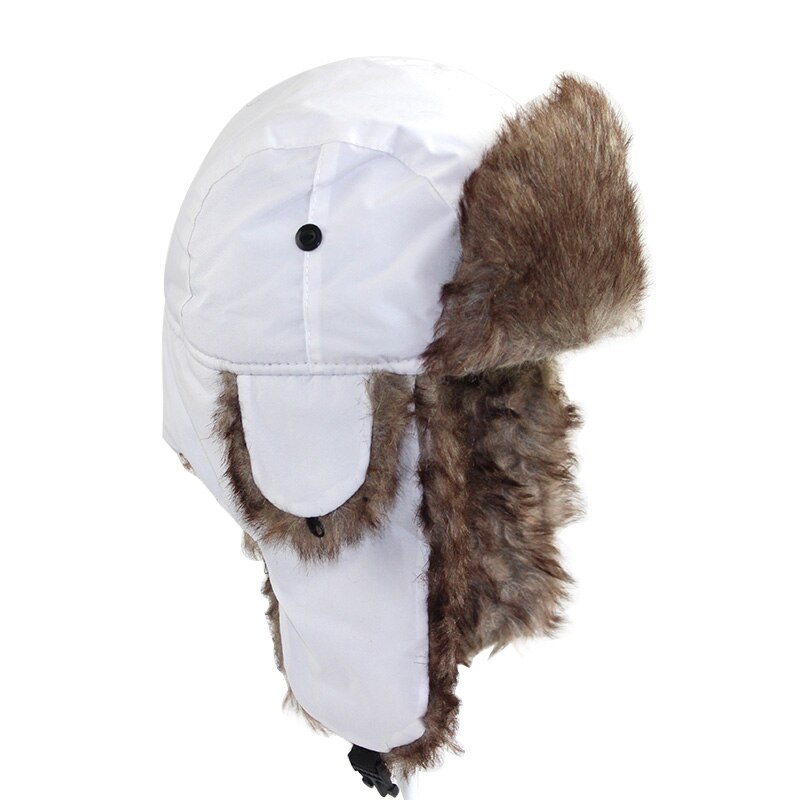 Gorro ruso cálido de invierno Unisex, gorro de esquí con solapa para las orejas, gorro de piel sintética mullida a la: White