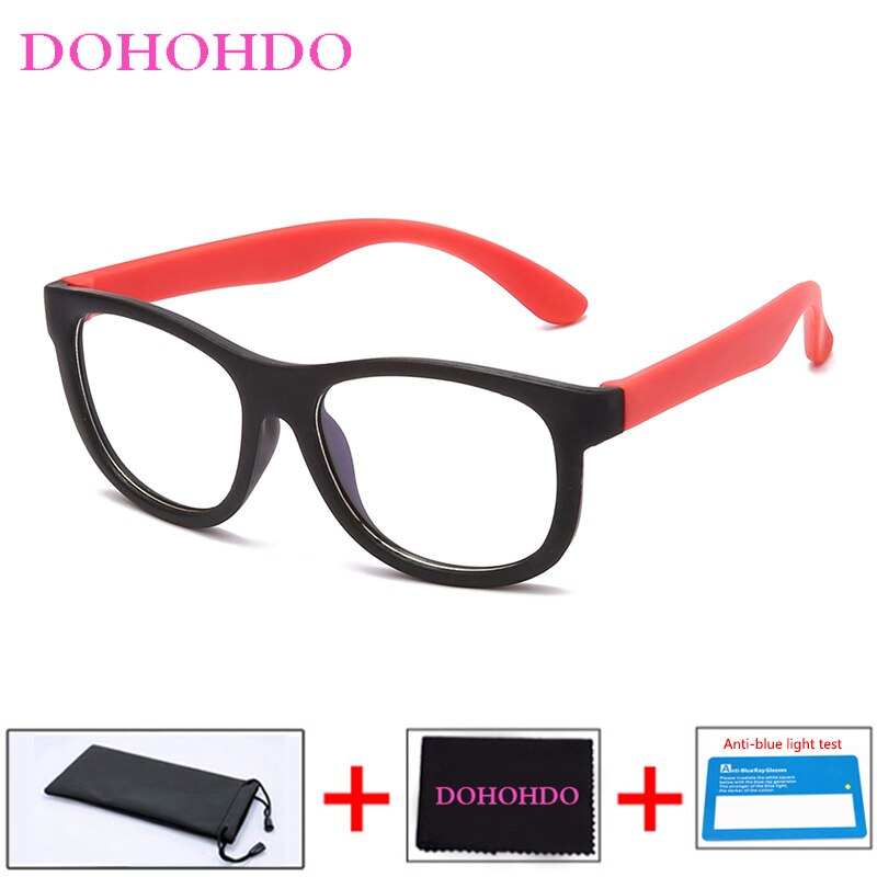 Dohohdo blåt lys blokerende glas fleksibelt  tr90 sikre briller piger drenge almindeligt spejl anti-blåt lys silikonebriller  uv400: Sort rød