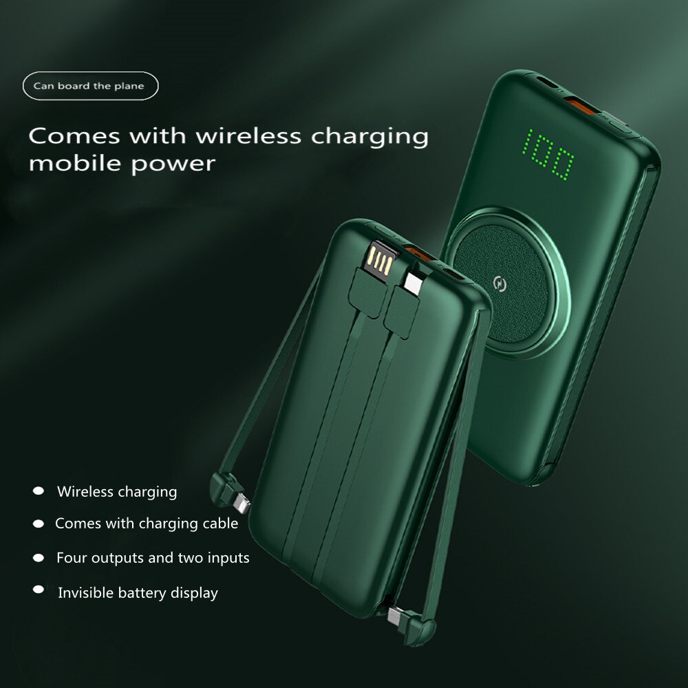 Wireless Power Bank 20000Mah Ingebouwde Kabel Draagbare Mobiele Telefoon Extra Batterij Oplader Voor Xiaomi Huawei Iphone Samsung