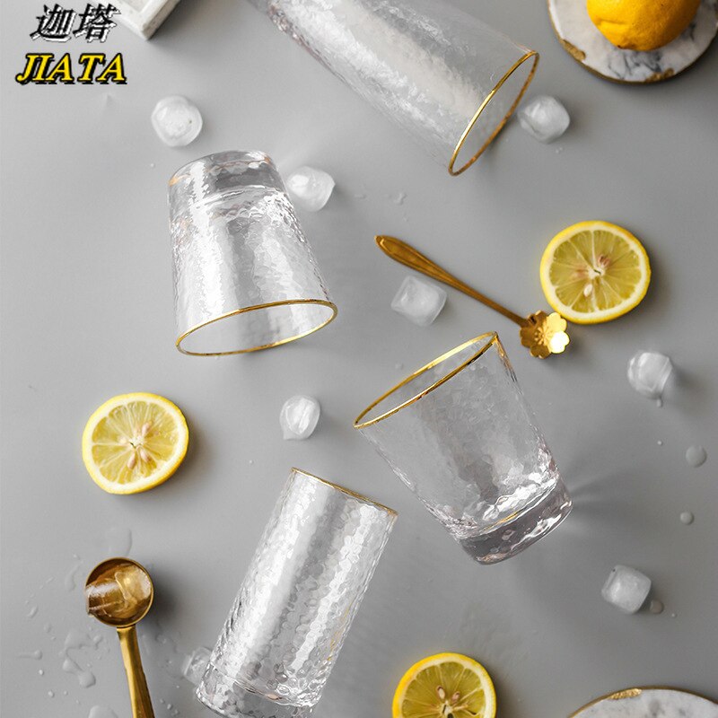 Taza de leche y café con borde dorado, vaso de Agua de Cristal martillado, vaso de zumo sin plomo, taza de bebida transparente, vaso de vidrio para el hogar