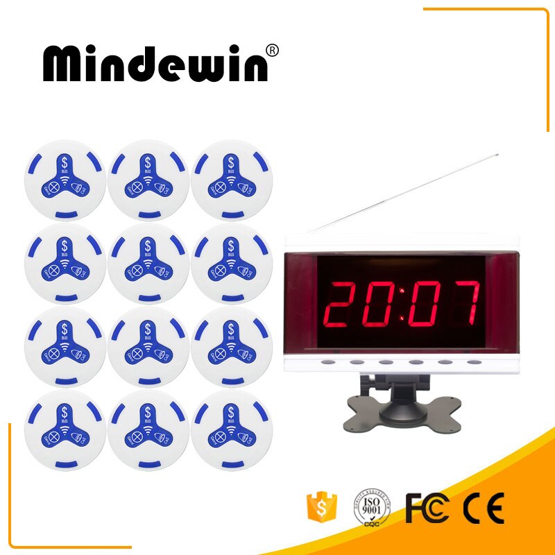 Mindewin draadloos oproepsysteem voor restaurants pager 12 stuks mk -3 oproepknoppen en 1 stuk mr -2 led-display toont 1 groepsnummer: Wit blauw