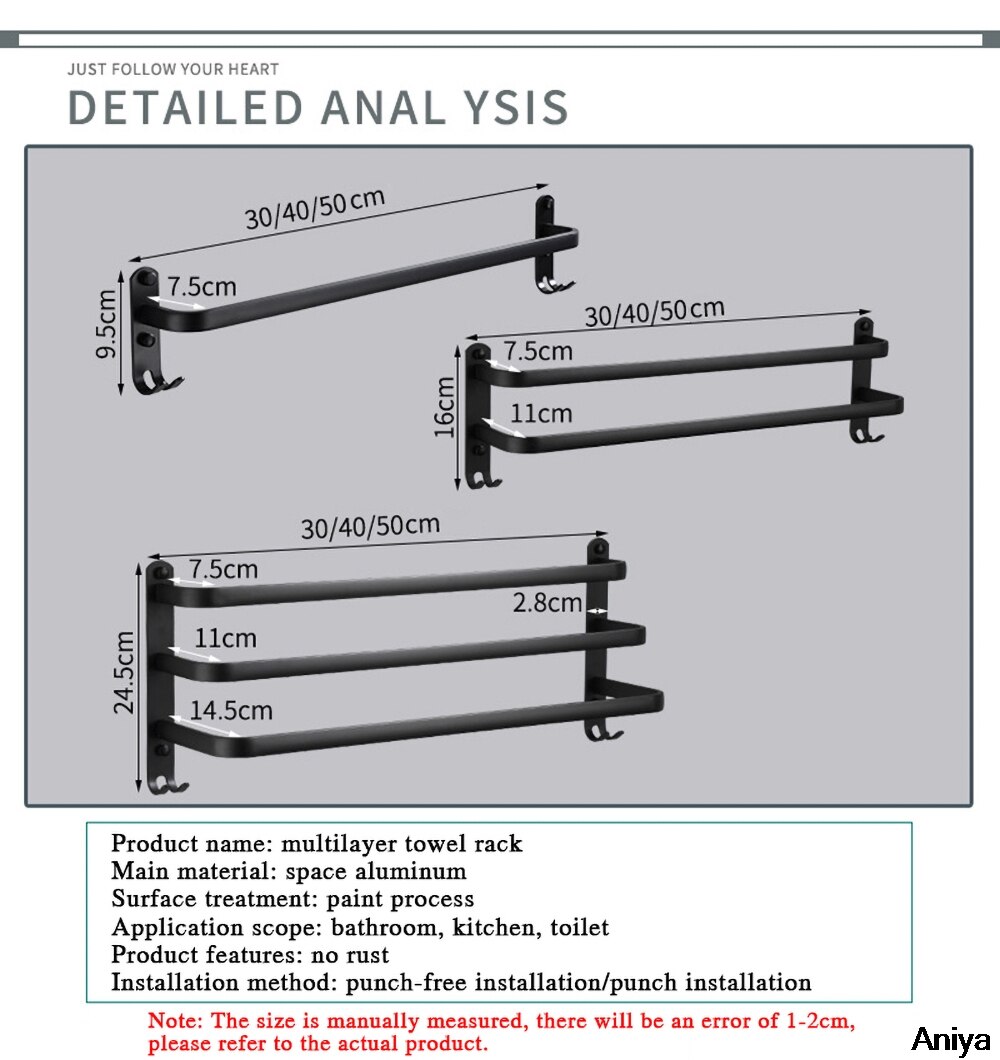 Badkamer Handdoekenrek Wall Mounted Handdoek Hanger Alle Zwarte Handdoek Houder 30-60Cm Handdoek Bar Keuken Handdoek Houder badkamer Accessoires