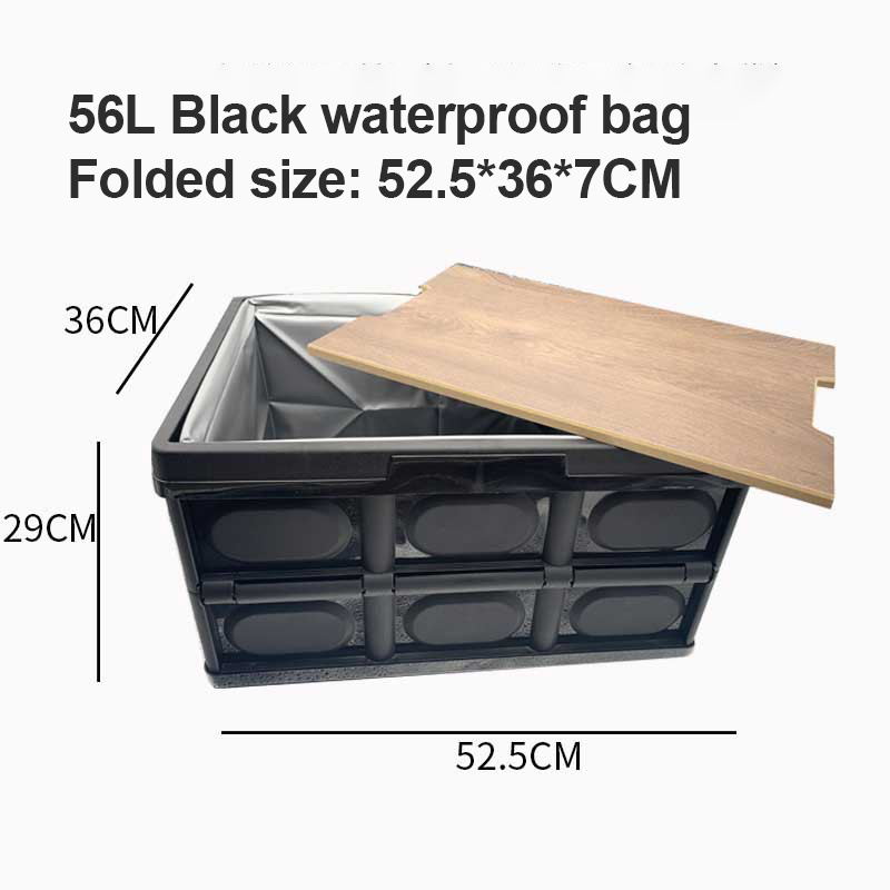 30L 56L Outdoor Plastic Folding Storage Box With Wooden Lid For Travel Organizer Car Sundries Food Container Lunchbox Fiambrera: Black 56L bag
