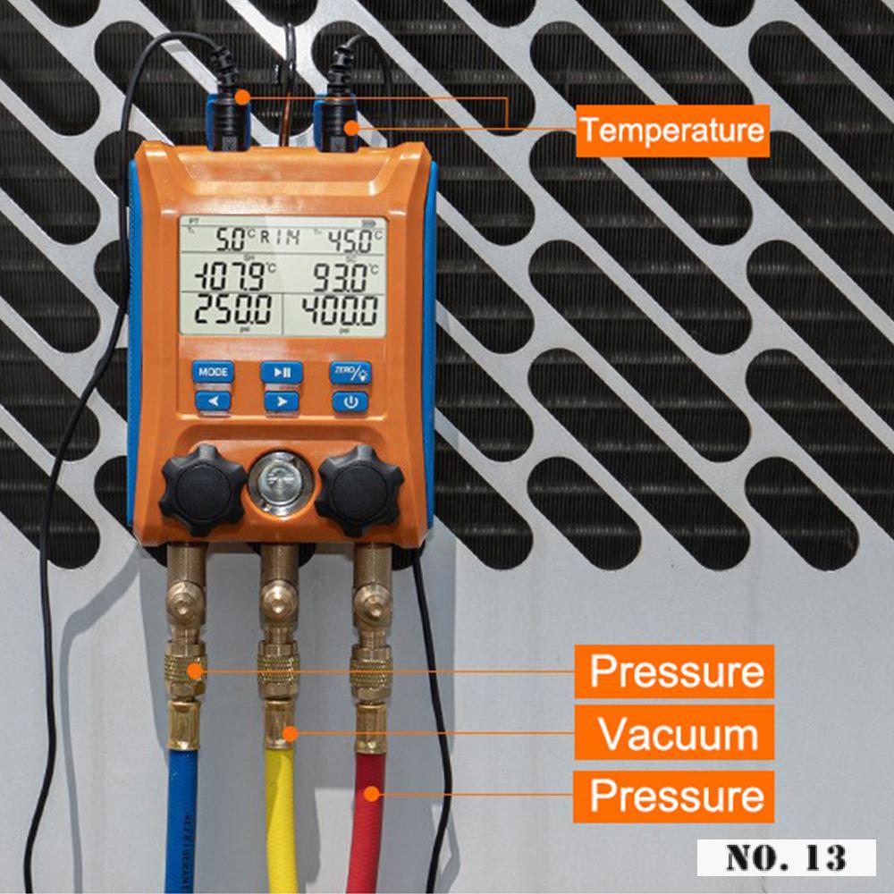 Digital HVAC Manifold Gauge 2-Way Valve with Temperature Clamps Support 88 Kinds of Refrigerant Saturation Temperature Query