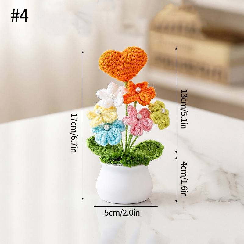 Plantas en macetas pequeñas de ganchillo hechas a mano, bonita flor de simulación, decoración Interior de escritorio para oficina y coche, de flores artificiales: Rosa