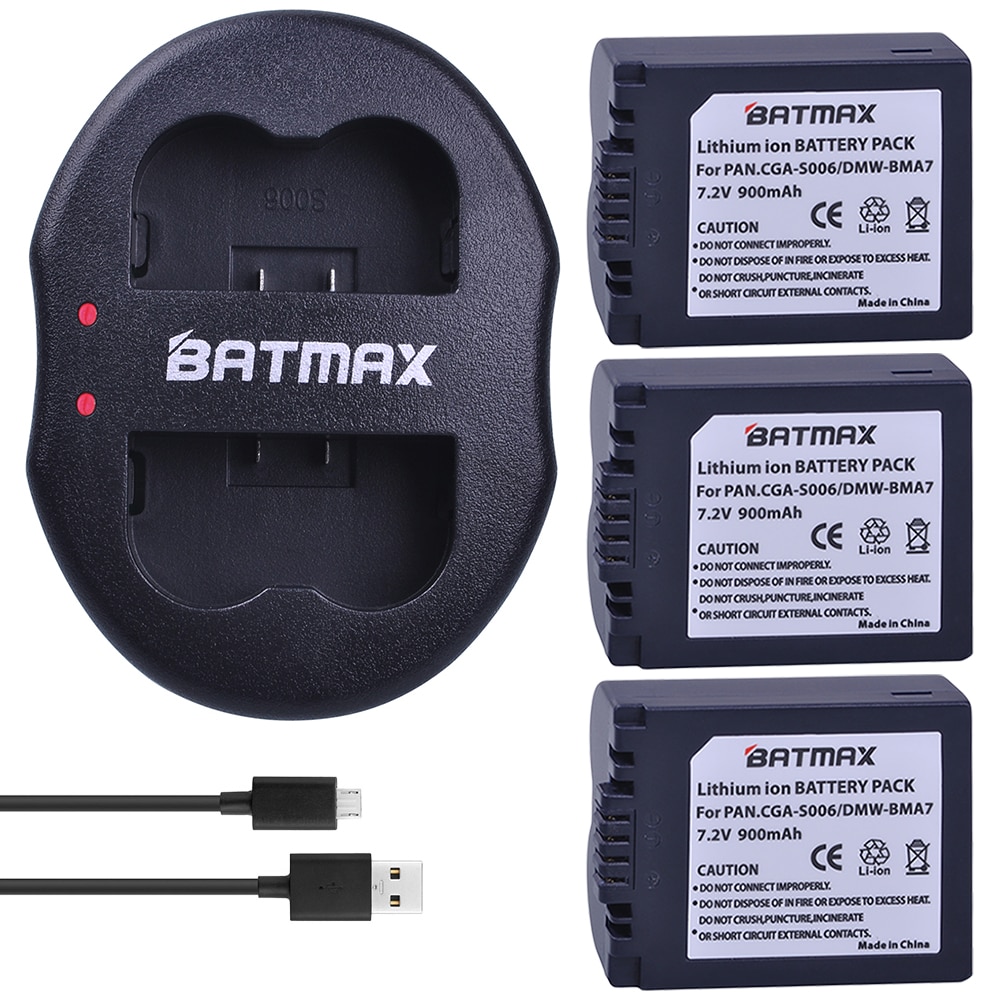 3 pièces 900mAh CGA-S006 CGR S006E S006 Caméra Batterie + Double Chargeur USB pour Panasonic DMC-FZ7 FZ30 FZ50 FZ28 FZ18 TZ8 FZ8 Caméra
