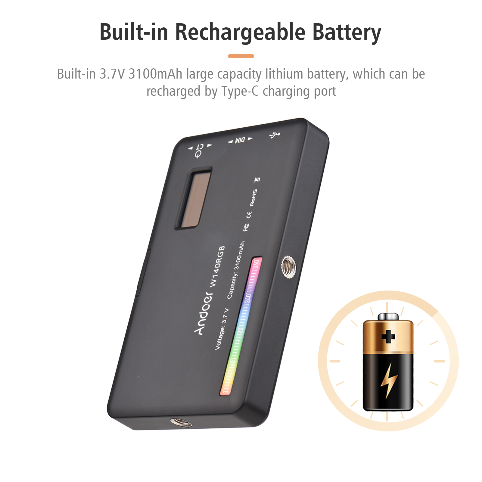 Andoer W140 RGB LED lumière vidéo Rechargeable photographie lumière de remplissage CRI95 + 2500K-9000K réglable avec écran LCD pour Vlog