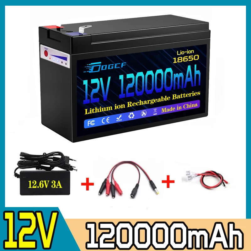 Akumulator 120Ah 12V 18650 Akumulator litowy LiFePO4 Wbudowana ładowarka USB 5V 2.1A + ładowarka 12,6V 3A