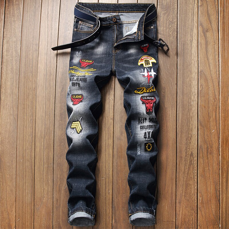 Mannen Geborduurde Jeans, , Trends, Mannen Geborduurde Jeans, Mannen Stretch Jeans, broek, Plus Letters