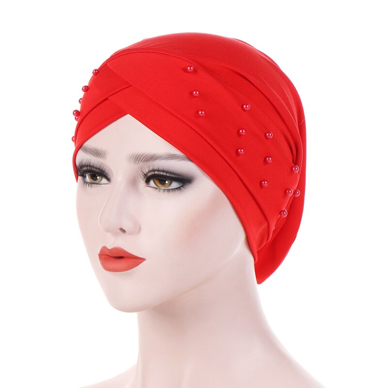 cotton solid folds pearl muslim turban scarf women islamic inner caps Arab wrap head femme musulman turbante mujer: Red