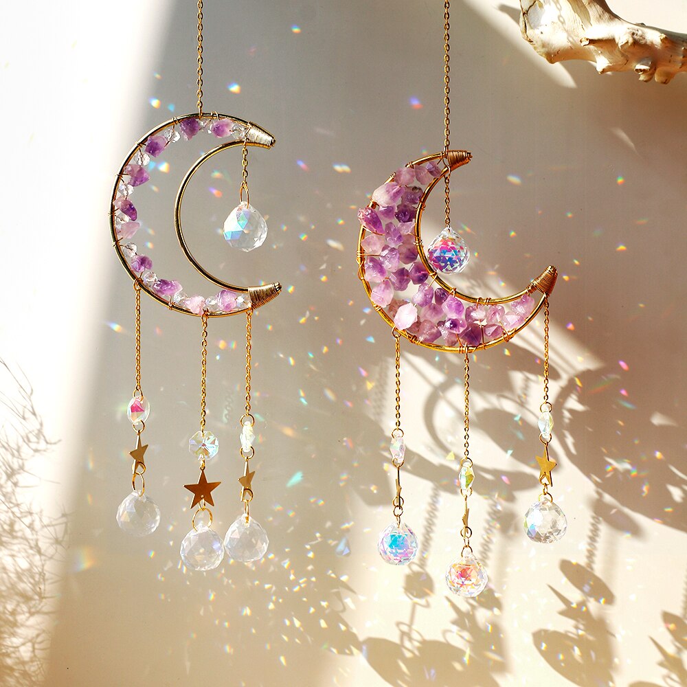 Atrapamoscas de Metal para decoración de pared, Prisma de bola de cristal, Luna, artesanía de arcoíris para ventana de coche, cristales colgantes para jardín