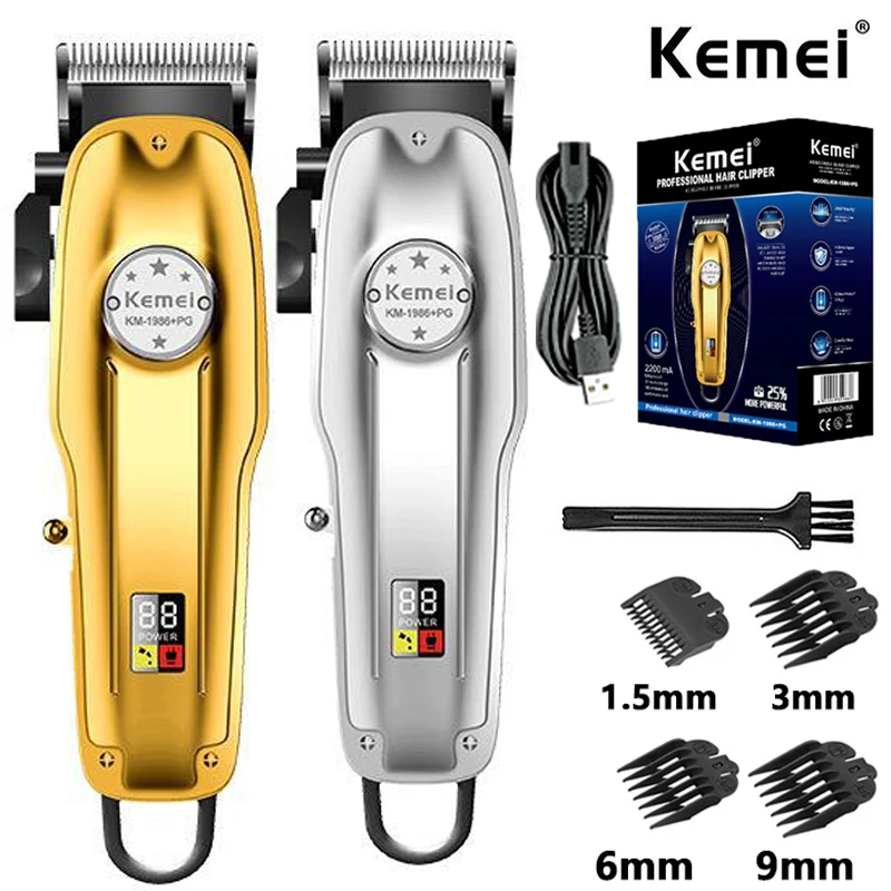 Kemei KM-1986PG Herren-Haarschneidemaschine oder Klingen, kabellos, elektrisch, USB-Aufladung, LCD-Anzeige, Friseur-Haarschneidemaschine, Haarschneidemaschine
