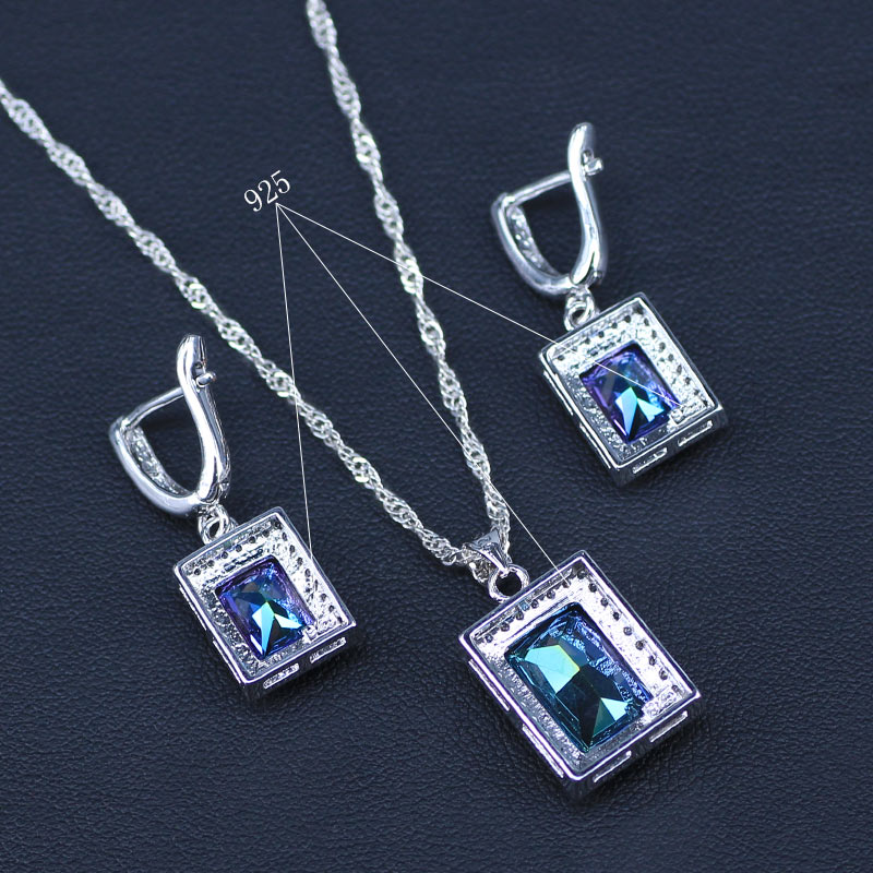 Místico Zirconia cubica arcoiris, conjunto de joyería de Color plateado para novia, joyería para mujer, collar de boda/pendientes/colgante/anillo