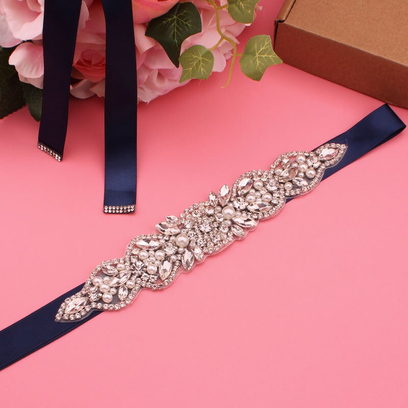 Luxe Bruiloft Riemen Bruids Kralen Riem Strass Sash Trouwjurk Accessoires Zilveren Diamant Bruidsmeisje Riemen: dark blue