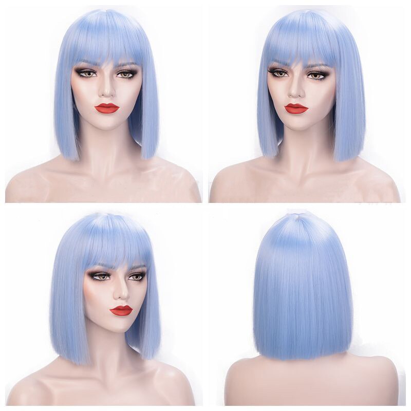 Perruque de Cosplay synthétique lisse et courte avec frange pour femmes noires, 12 pouces, rose, blond mélangé: Blue