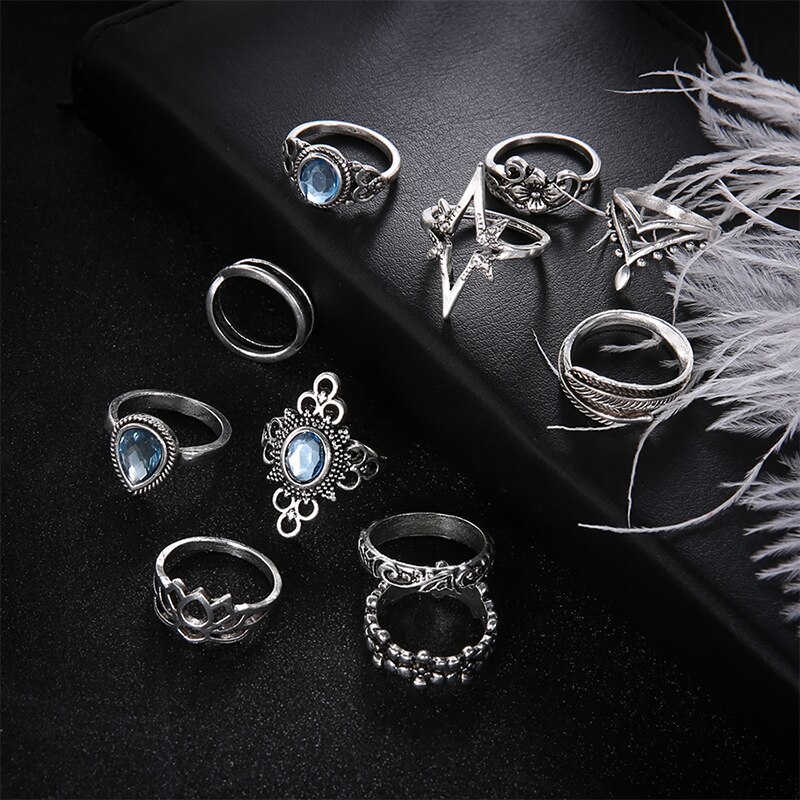 11 stks/set Vrouwen Boho Carving Bloemen Bladeren Water Sterren Kristallen Gem Joint Ring Lady Party Zilveren Bruiloft Ring